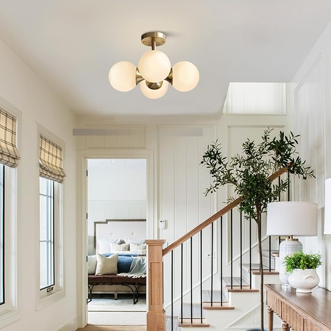 KCO Lighting Antique Brass 4-Light Ceiling Light Mid-Century Frosted Glass Globe Chandelier Modern Flush Mount Ceiling Light Fixtures for Bedroom Living Room