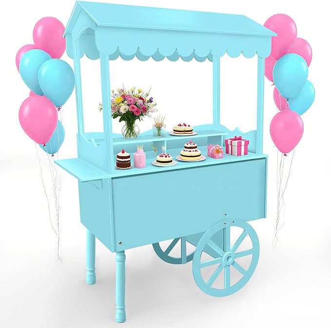 7FT Candy Cart Display Stand with Decorated Wheels, Dessert and Party Decoration Cart with 100 Ballons, Easy to Install Vintage for Parties, Birthdays, Weddings, (blue)