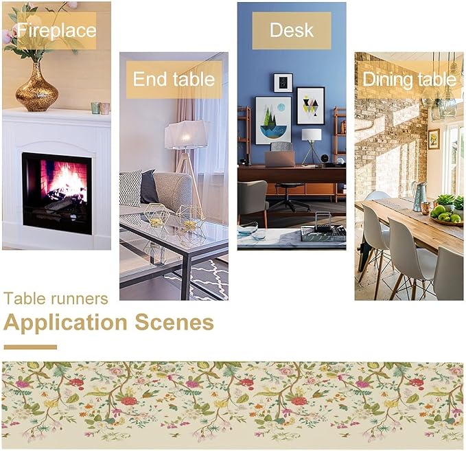 Floral Table Runner, Vintage Birds Wildflowers Herbs Nature Theme Linen Long Table Kitchen Dining Table Holiday Party Decorative Table Runner,13in（33cm） W * 72in（184cm） L