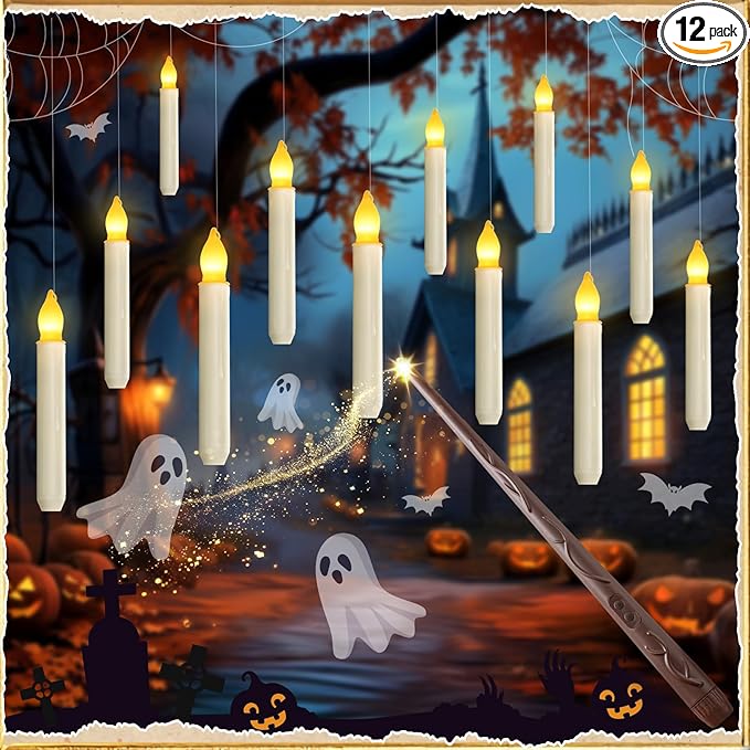 Homemory Floating Candle with Wand Remote, 12 Pcs Magical Candlesticks Witch Decors, Warm Yellow Flameless Taper Candles Battery Operated, LED Window Candle for Halloween Party Decor