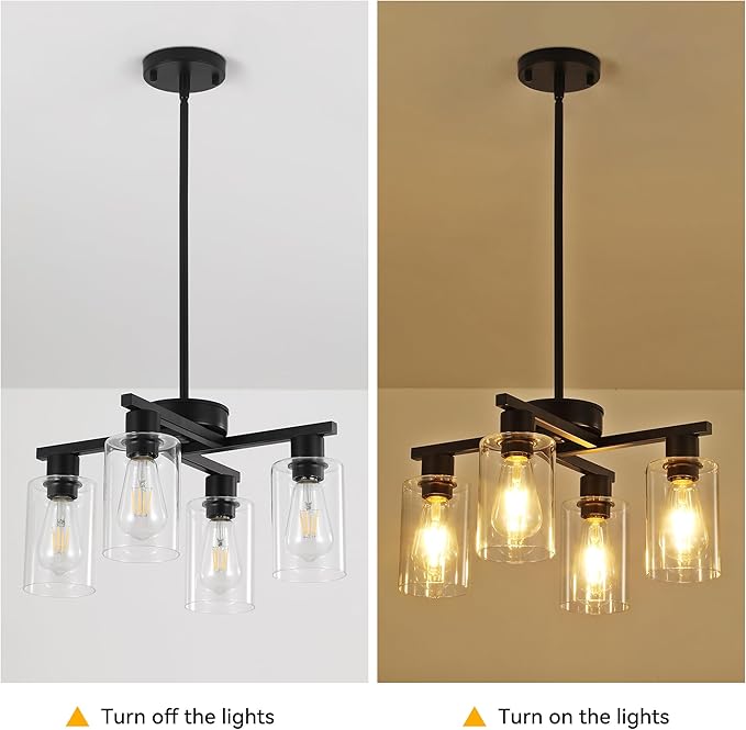 4-Light Modern Farmhouse Black Chandelier, Dining Room Light Fixture Over Table Adjustable Height Hanging Industrial Pendant Lights Kitchen Island, Clear Glass Shade