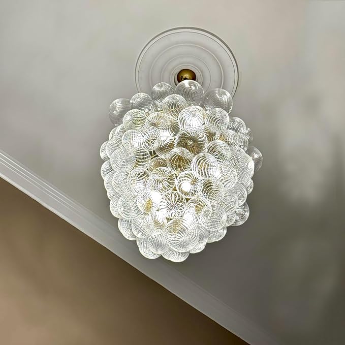 Mid Century Bubble Ball Swirled Glass Chandelier, 36 in. 2-Layer Cages Gild Gold and Clear Blown Glass Large Cluster Bbble Pendant Light Fixture for Bedroom Restaurant Dining Room