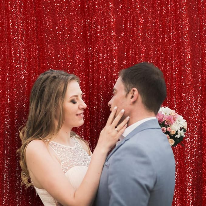 SquarePie Sequin Backdrop 10FT x 10FT Red Curtain Background for Wedding Party Decoration