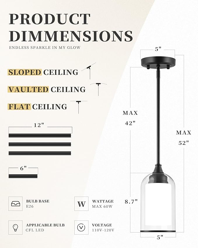 LIROUVET 2 Pack Pendant Lights Kitchen Island, Dual Glass Pendant Lights, Black Hanging Lamp with Clear and Milk Glass, Industrial Pendant Light Fixtures for Dining Room PL02BK-2PK