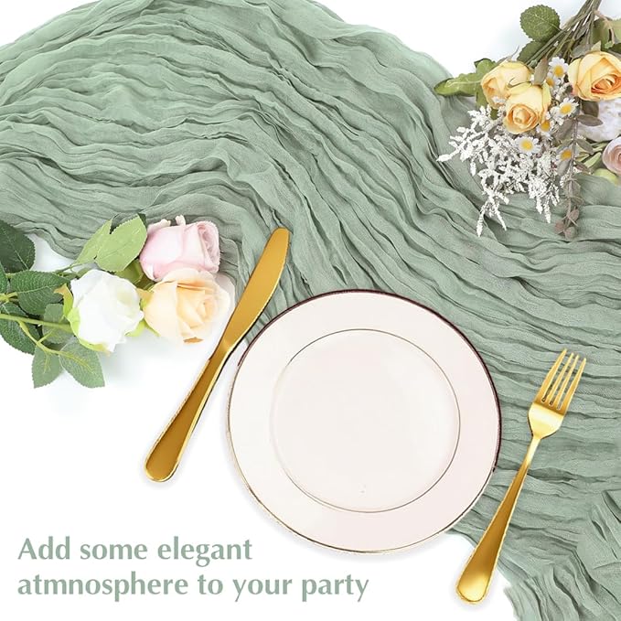 10 Pack Sage Green Cheesecloth Table Runner -21*120Inch Long Boho Wedding Table Decor, Rustic Gauze Fabric Runner for Bridal Showers, Baby Showers & Parties (Sheer, Lightweight, Wrinkled Design)