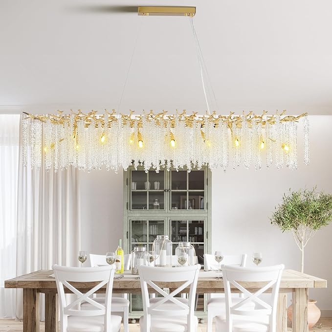 YUYI Gold Crystal Chandelier, Modern 60" Rectangular Chandeliers for Dining Room,K9 Large Luxury Flush Mount Chandelier for Foyer Living Room,Kitchen Island Hanging Light Fixture