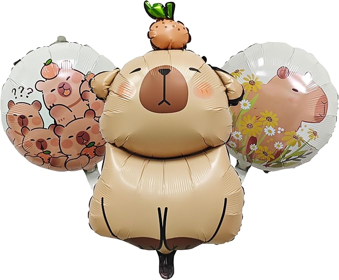 3PCS Capybara Animal Balloons Round Capybara Shaped Foil Birthday Balloon For Capybara Birthday Party Wildlife Park Jungle Animal Theme Party Backdrop Party Supplies Decorations