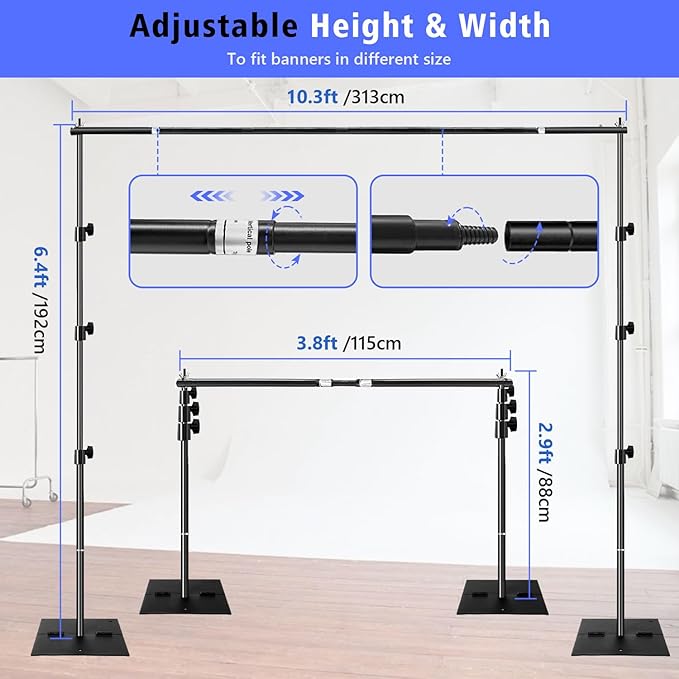 SLOW DOLPHIN Pipe and Drape Photography Backdrop Stand Kit Adjustable Photo Background Stand 10ft x 6ft with Metal Base for Parties Weddings Birthday Party Events Photo Booth