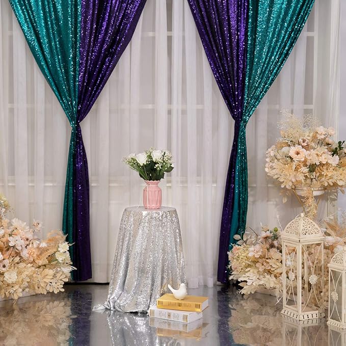 Poise3EHome 2Pcs 3Ft x 8Ft Purple Sequin Backdrop Curtain, Glitter Photography Background, Sequence Xmas Thanksgiving Backdrop for Wedding Party Holiday Festival Decor