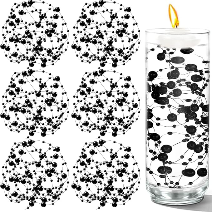 50 PCS Artificial Pearl String Beads - 10+5mm Black Floating Beads for Centerpieces, Vase Fillers, Wedding, Birthday Party, and Candle Decor