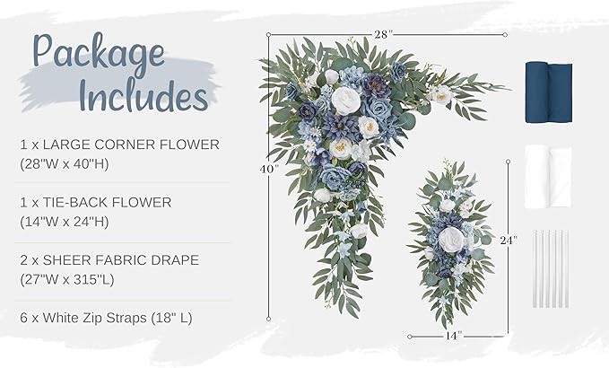 Wedding Arch Flowers with Drapes Kit (Pack of 4) - 2pcs Artificial Dusty Blue Deluxe Swag with 2pcs Sheer Drapes for Wedding Ceremony Arbor Reception Backdrop Rose Floral Decoration