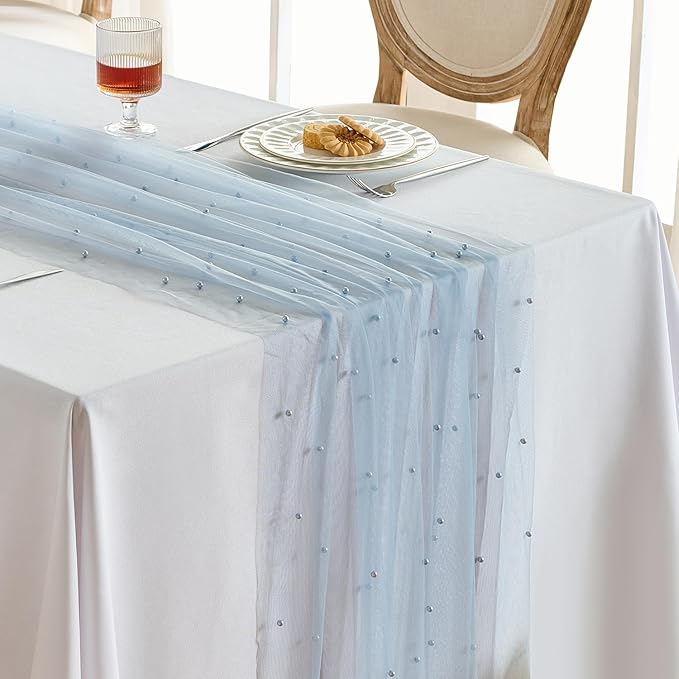 Fanami 1 Pack Pearl Table Runner -10FT Dusty Blue Boho Tulle Table Runners 120 Inches Long Rustic Sheer Lace Fabric Centerpieces for Wedding Arch Birthday Party Bridal Veil Baby Shower Decorations