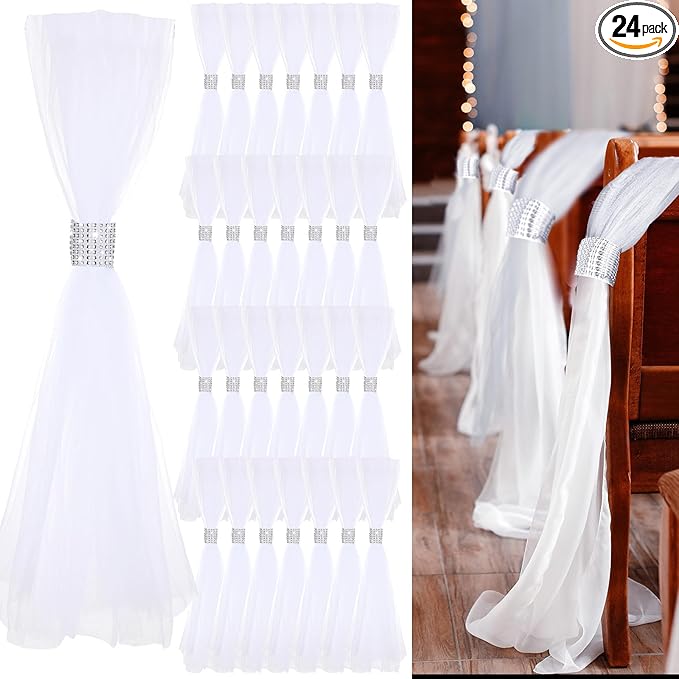 24 Set Wedding Aisle Chair Decorations 31.5 Inch Pew Bows with Long Tulle Tails and Rhinestone wrap for Wedding Ceremony Church Bridal Shower Banquet Decor (Silver)