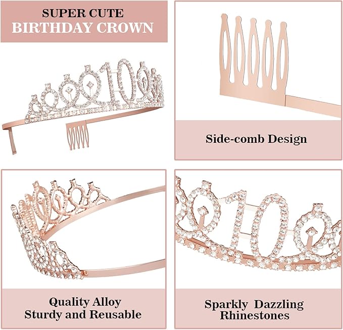 10th Birthday Decorations for Girls, Including Sash, Crown/Tiara, Candles, Cake Topper. 10th Birthday Gifts for Girls, Rose Gold Party Decor Supplies