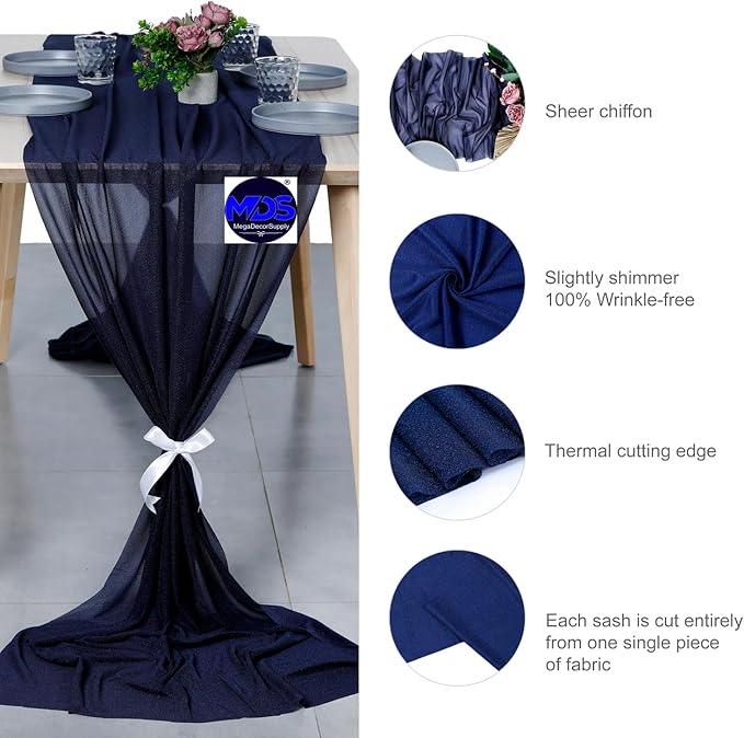 MDS Halloween Chiffon Table Runner - 20 Pack, 29 x 170 Inches, 14ft Each - Sheer Spooky Table Runners for Haunted House Parties, Trick-or-Treat Tables, Witchy Décor, Wedding & Events - Navy Blue