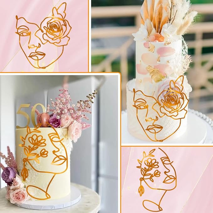 12 Pcs Acrylic Lady Face Cake Topper Minimalist Art Happy Birthday Cake Toppers Women Wedding Cake Decoration for Wedding Birthday Party (Gold)