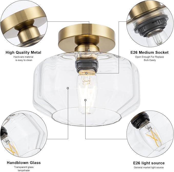 Gold Flush Mount Ceiling Light Modern - Hexagonal Diamond Faceted Glass, 50% Brighter 1200LM LED, Low-Profile for Kitchen/Hallway/Entryway, Tool-Free Installation (Brushed Gold Finish)