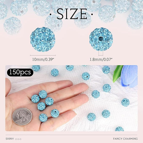 150 pcs 10mm Rhinestone Beads for Jewelry Making, Aquamarine Shiny Round Shamballa Disco Beads Bulk, Sparkle Crystal Clay Christmas for Bracelet Baseball Necklace Earring Crafting and DIY