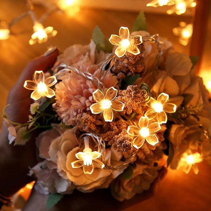 Fairy Flower String Lights Indoor Decorations, 33ft 100 LED Plug in Warm White Decorative Cute Cherry Blossom Floral Lamp for Tree Branch Vine Hanging, Christmas Garden Bedroom Wall Decor