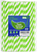 7.75'' x 0.24'' Disposable Party & Daily Paper Drinking Straws Green White Striped 100 Counts - Biodegradable & Compostable