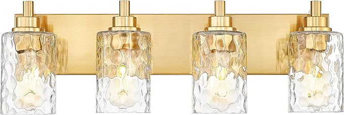 4-Light Bathroom Light Fixtures, 24.5 Inch Brushed Gold Vanity Lights with Clear Hammered Glass Cylinder Shade, Modern Vanity Lighting Fixture Over Mirror, VL198-BG-4