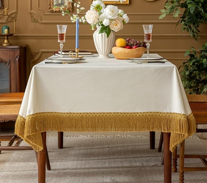 F-CHU White Tablecloth Thickset Velvet Tablecloth with Beautiful Gold Tassels Vintage Table Cloth for Home Decor Wedding, Party, Banquet and Events 67x120-Inch