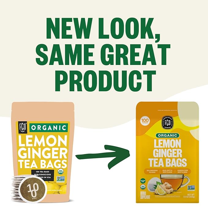 FGO Organic Lemon Ginger Tea, 100 Count, Eco-Conscious Tea Bags, Resealable Bag, Caffeine Free, Packaging May Vary (Pack of 1)
