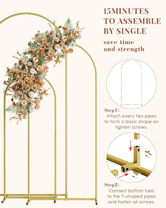 Wedding Arch Set of 3, Gold Metal Arch Backdrop Stand, Balloon Arch Stand Wedding Arch Frame for Ceremony Decoration (Gold, 6FT, 5FT, 4FT Backdrop)