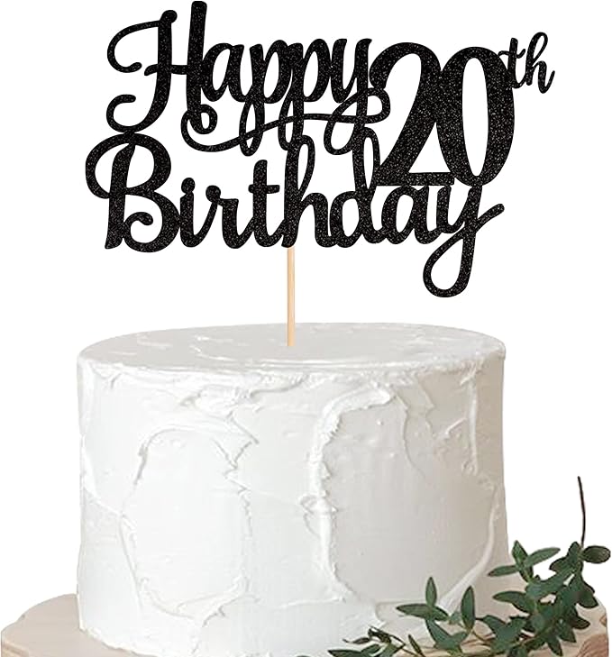 1 PCS Happy 20th Birthday Cake Topper Glitter Cheers to 20 Years Birthday Cake Pick Twenty 20 Fabulous Cake Decoration for Happy 20th Birthday Theme Party Decorations Supplies Black