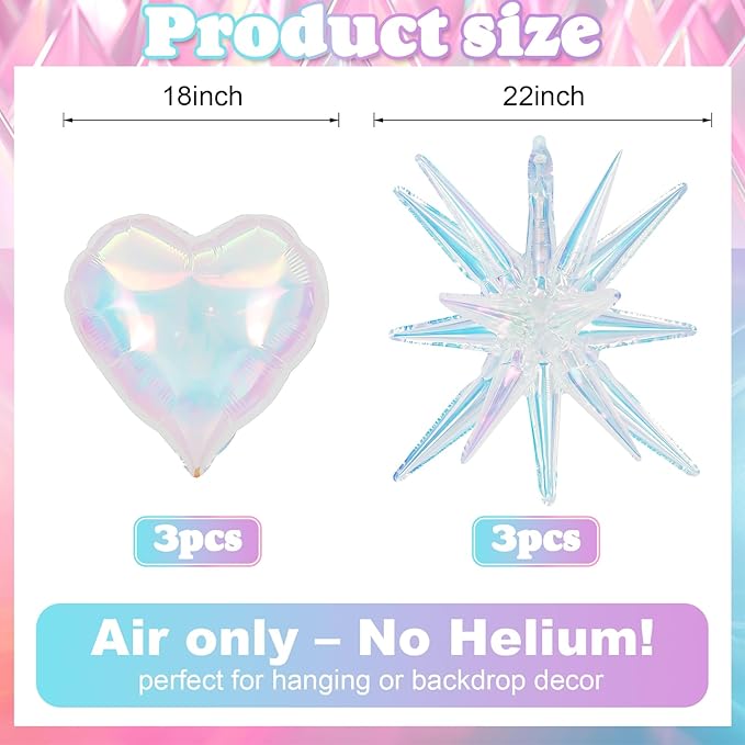 6Pcs Iridescent Foil Balloons, 22" 18" Heart Explosion Star Iridescent Balloons Large Holographic Clear Foil Balloon for Birthday Baby Shower Mermaid Rainbow Wedding Party Supplies