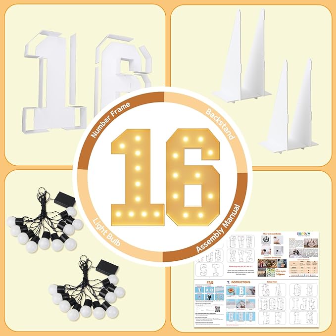 imprsv 4FT Marquee Numbers 16th Birthday Decorations for Girls Boys, Large Light Up Numbers 16th Birthday Women Foam Board Anniversary Party Decorations Arch Kit (DIY)