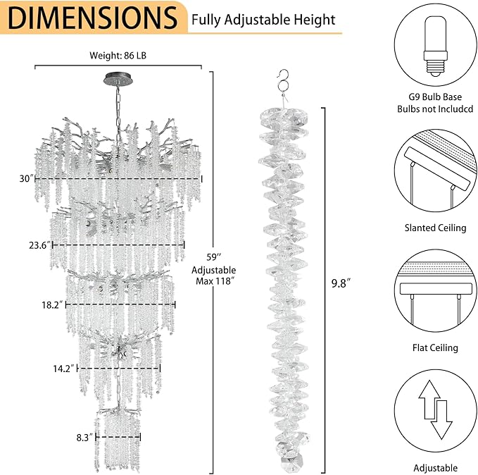 YUYI 118'' Modern Crystal Chandelier, Silver Chandelier for Entryway, Large Tree Branch Chandeliers for High Ceilings, Staircase, Foyer, Living Room, 28-Light 5-Tier Hanging Light Fixture