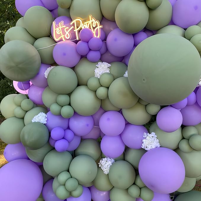 Purple and Sage Green Balloons, Purple Lavender Sage Balloon Cream White Gold Balloons, Light Metallic Purple Gold Balloon for Boho Birthday Wedding Graduation Party Baby Shower Decoration