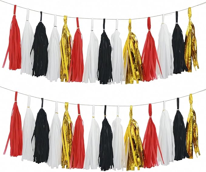 Red Black White Gold Paper Tassel, 20 Pack, Party Decorations for Birthday, Baby Shower, Sprot Game,Graduation