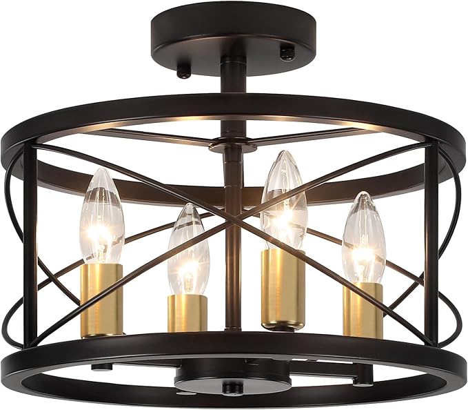 Black and Brushed Gold Semi Flush Mount Ceiling Light, Farmhouse Modern Light Fixture, Hallway Light Fixtures, 4-Light Ceiling Lamp for Kitchen, Entryway, Laundry Room, Bedroom Lighting, UL Listed