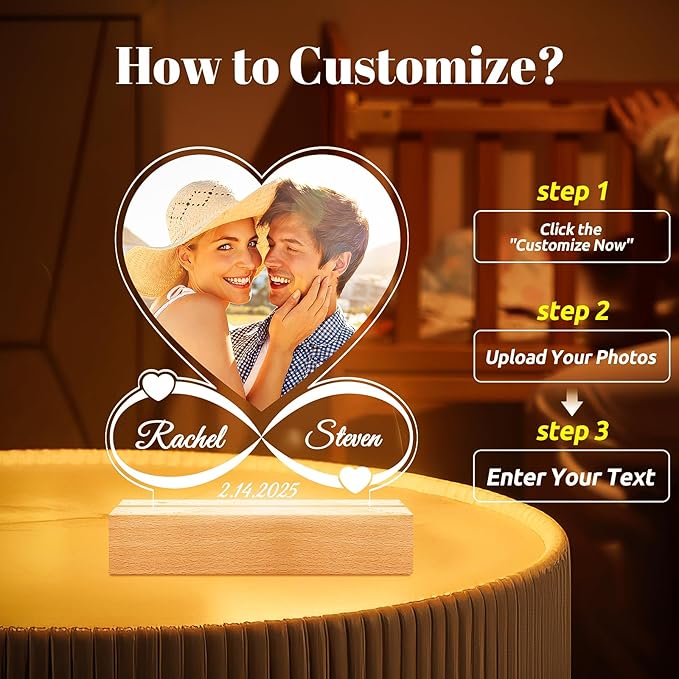 Custom Picture Frames with Photo, Customized Photo Frame with Night Light, Personalized Picture Frame, Personalized Anniversary Birthday Gifts for Women Men Him Her Girlfriend Boyfriend Couples