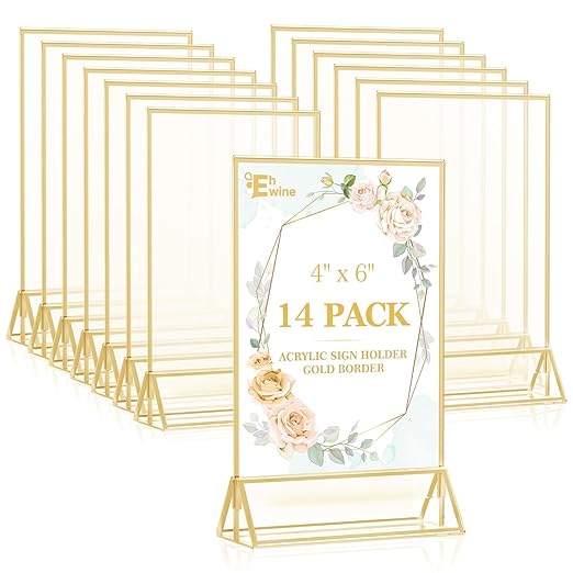 EHWINE 14 Pack 4×6 Clear Acrylic Sign Holder with Gold Borders and Vertical Stand, Double Sided Table Menu Holders Picture Frames for Wedding Table Numbers, Restaurant Signs, Photos and Art Display