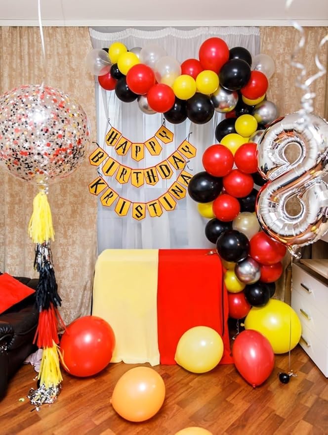 Orange Red Yellow Black Balloons, 12 Inch Colorful Latex Balloons with Black Yellow Confetti Balloon, for Race Car Construction Birthday Baby Shower Carnival Party Decorations