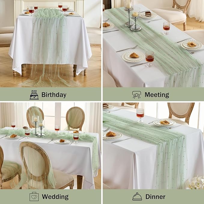 Fanami 6 Pack Pearl Table Runner -10FT Sage Green Boho Tulle Table Runners 120 Inches Long Rustic Sheer Lace Fabric Centerpieces for Wedding Arch Birthday Party Bridal Veil Baby Shower Decorations