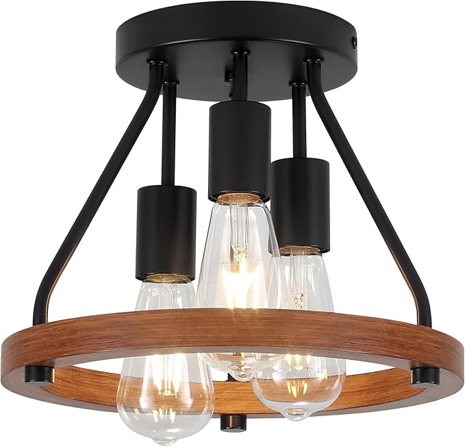 Modern Farmhouse Wood Semi Flush Mount Ceiling Light, Hallway Entryway Light Fixtures, 3-Light Rustic Industrial Ceiling Lamp for Kitchen Bedroom Dining Room Laundry Room Lighting, UL-Listed
