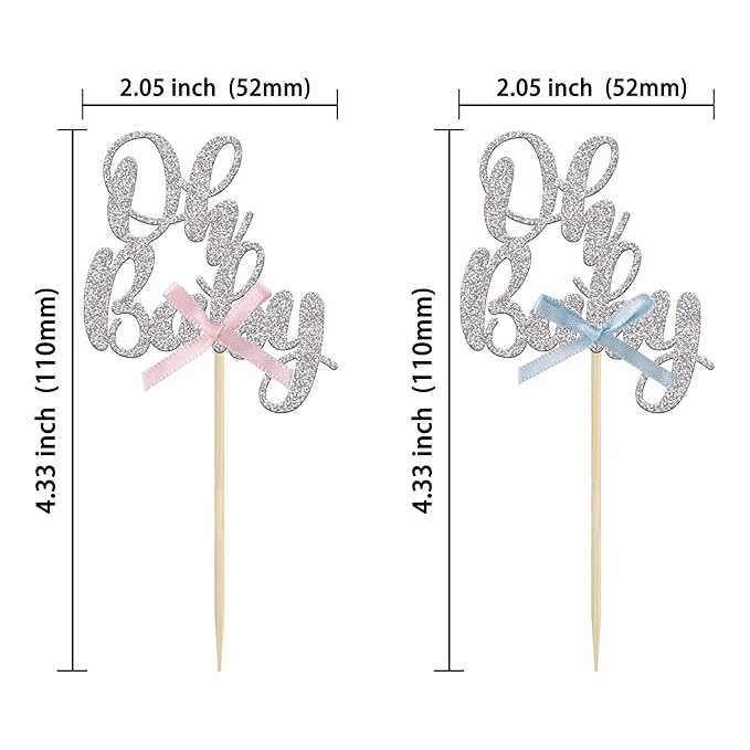 Gyufise 36Pcs Oh Baby Cupcake Toppers with Blue Pink Bowknot Silver Glitter Baby Shower Cupcake Picks Gender Reveal Cupcake Topper Decoration for Gender Reveal Baby Shower Kids Birthday Party Supplies