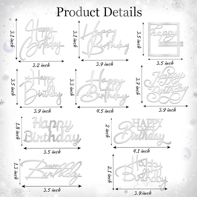 10 PCS Silver Happy Birthday Cake Topper Mirror Acrylic Cake Toppers Double-Sided Glitter Birthday Decorations for Girls Women's Party Supplies