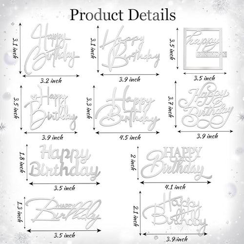 10 PCS Silver Happy Birthday Cake Topper Mirror Acrylic Cake Toppers Double-Sided Glitter Birthday Decorations for Girls Women's Party Supplies