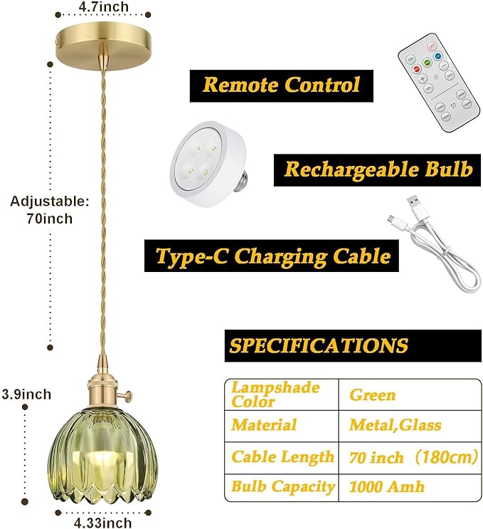 Vintage Gold Rechargeable Pendant Light with 70 Inch Cord and Exquisite Tulip Green Glass Shade for Kitchen Island, Living Room & Dining Room, Ideal Hanging Light for Multiple Spaces
