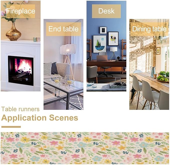 Floral Table Runner, Boho Style Watercolor Flower Green Leaf Plant Rectangle Table Decoration for Dining, Party, Holiday,13in（33cm） W * 72in（184cm） L