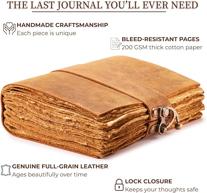 NomadCraftsCo. Vintage Leather Journal - Lock Closure, Book of Shadows Journal, Grimoire Journal, Witch Journal, Vintage Journal 240 pages Antique Deckle Edge Paper