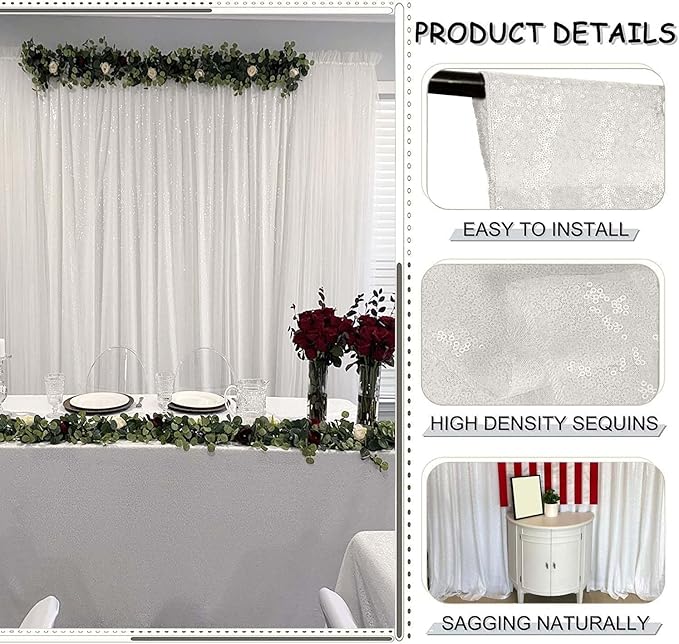White Sequin Backdrop Curtain - 2FTx8FT 2 Panels Glitter for Parties, Wedding, Baby Shower
