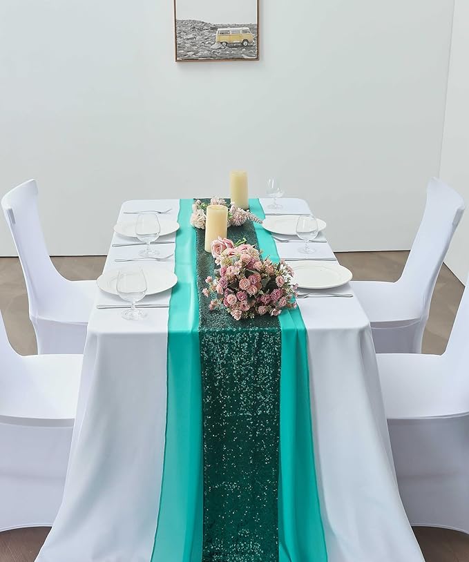 2 Pack 10Ft Turquoise Chiffon Table Runner Sheer 29x120 Inch for Romantic Wedding Decor Bridal & Baby Shower Birthday Rustic Party Decoration