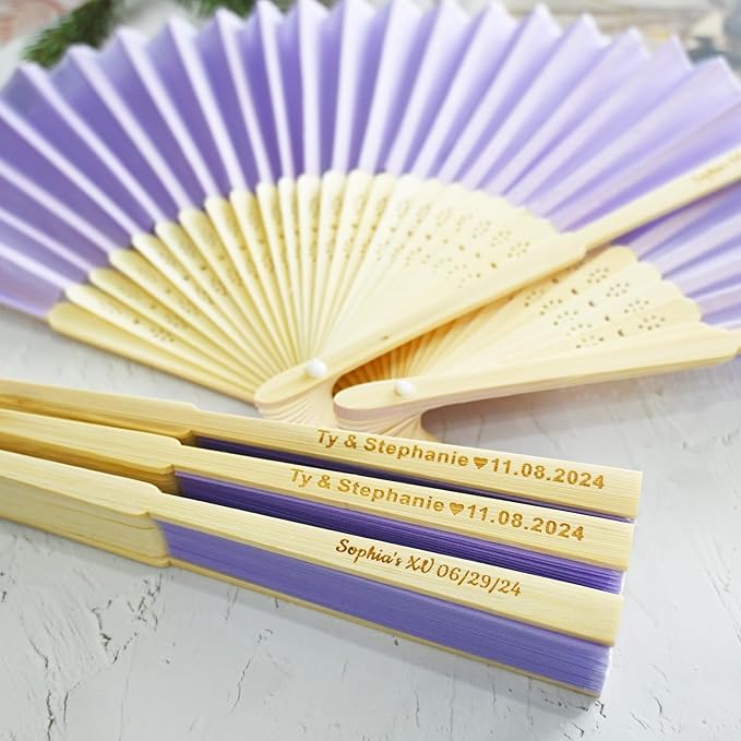 50pcs Personalized Purple Folded Hand Fans, Custom Folding Hand Fans for Wedding Guests, Wedding Gift Party Favors Church Fans Handheld, Birthday Party Supplies Bridal Shower Gifts