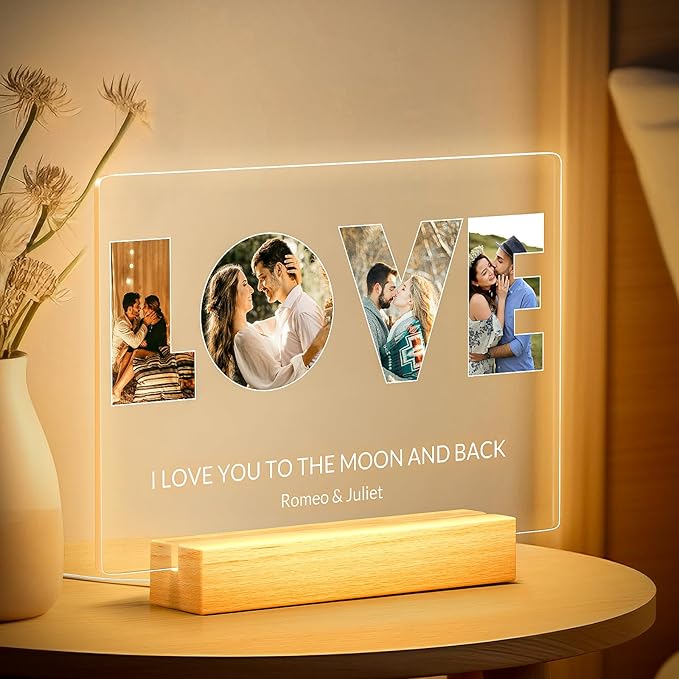 Custom Picture Frames with Photo, Personalized LOVE Photo Frame with Night Light, Customized Picture Frame, Personalized Anniversary Birthday Gifts for Women, Men, Him, Her, Girlfriend, Boyfriend, Couple
